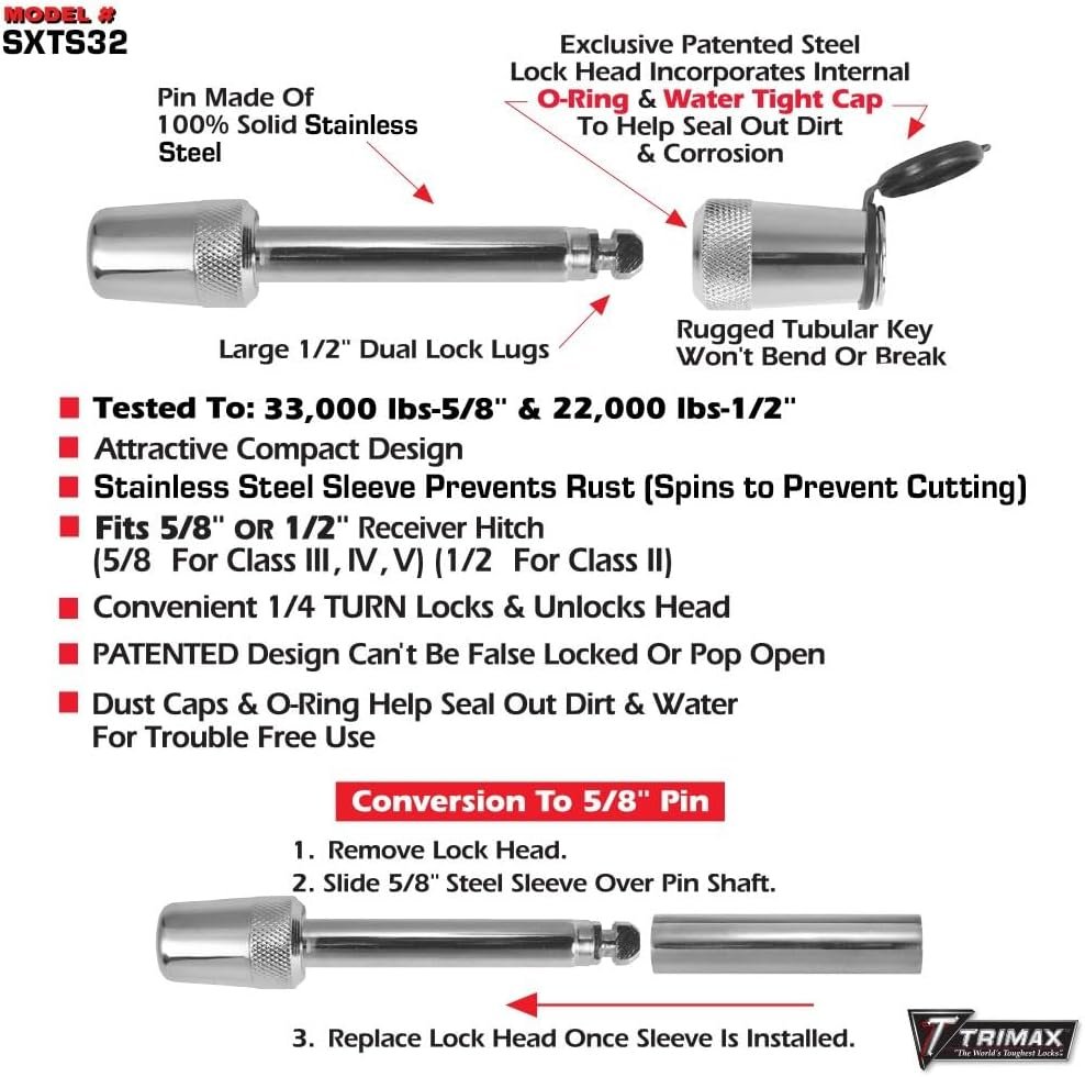 Trimax SXTS32 Universal Stainless Receiver Lock – 5/8 in Hitch Pin, Corrosion Resistant Security Lock - Image 2
