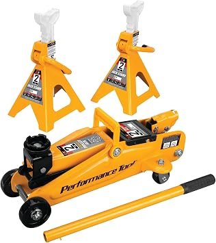 Performance Tool W1605 Trolley Jack & Jack Stand Combo – 2 Ton (4,000 lb) Capacity with Pair of Ratcheting Jack Stands