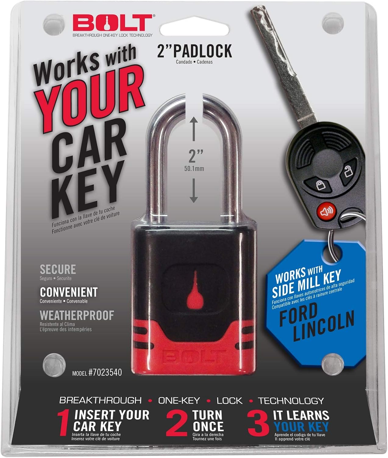 BOLT 7023540 Ford Side-Cut Padlock – 2in Chrome-Plated Hardened Steel Shackle – Keyed to Ford, Lincoln & Mercury Ignition Keys - Image 2