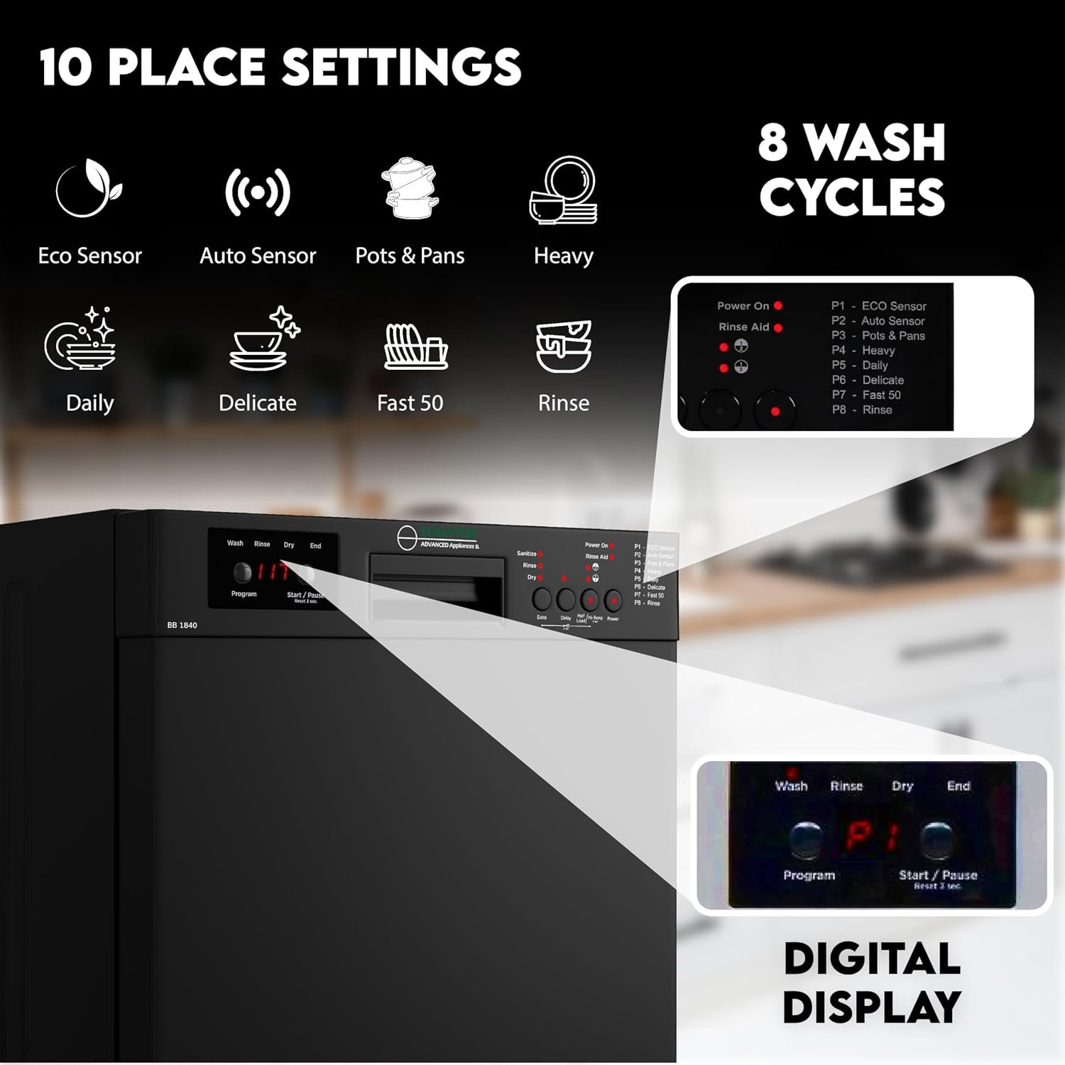 Pinnacle BB1840 18-Inch Built-In Dishwasher – 10 Place Settings, 8 Wash Cycles, Black Finish, Sanitize Function - Image 4