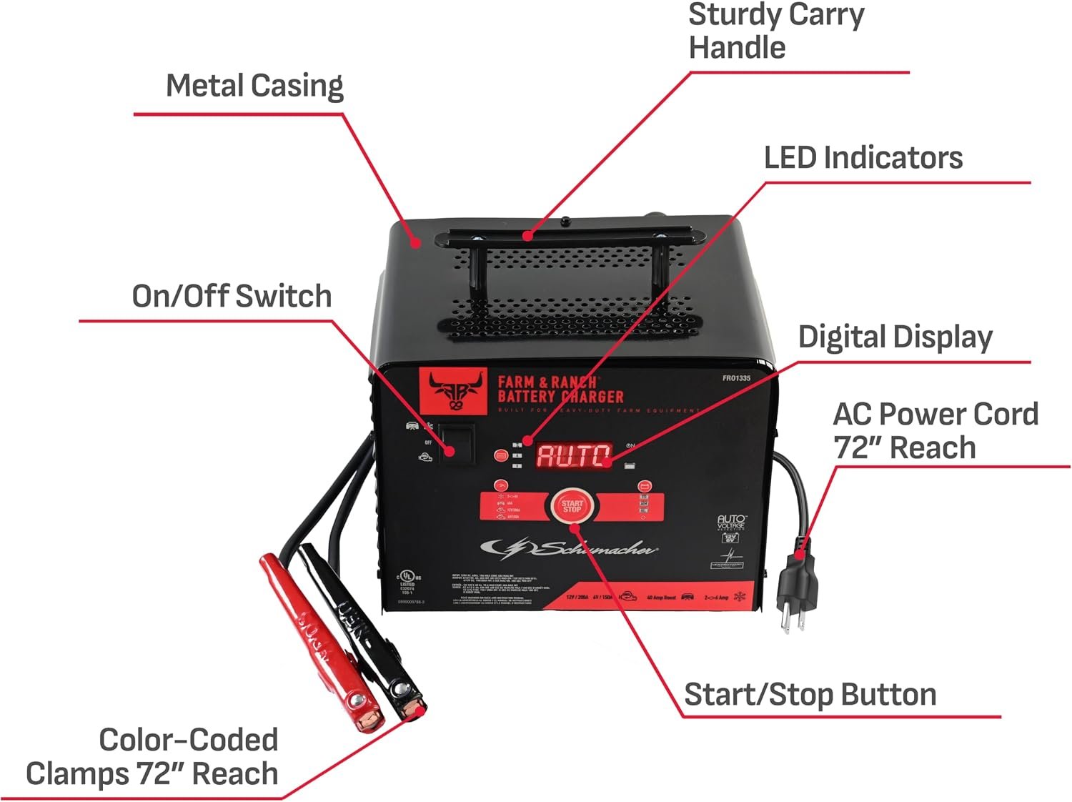 Schumacher FR01335 Farm & Ranch Battery Charger & Engine Starter – 200A Start Power, 40A Boost, 12ft Cables, 6V/12V Support - Image 6