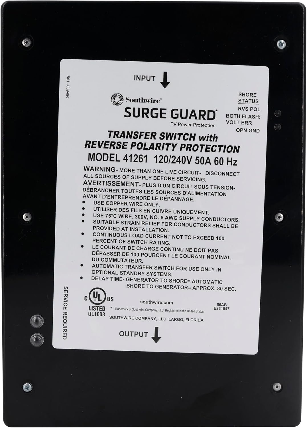 Southwire 41261011 Surge Guard Transfer Switch – 50A Automatic RV Power Transfer with Surge and Reverse Polarity Protection