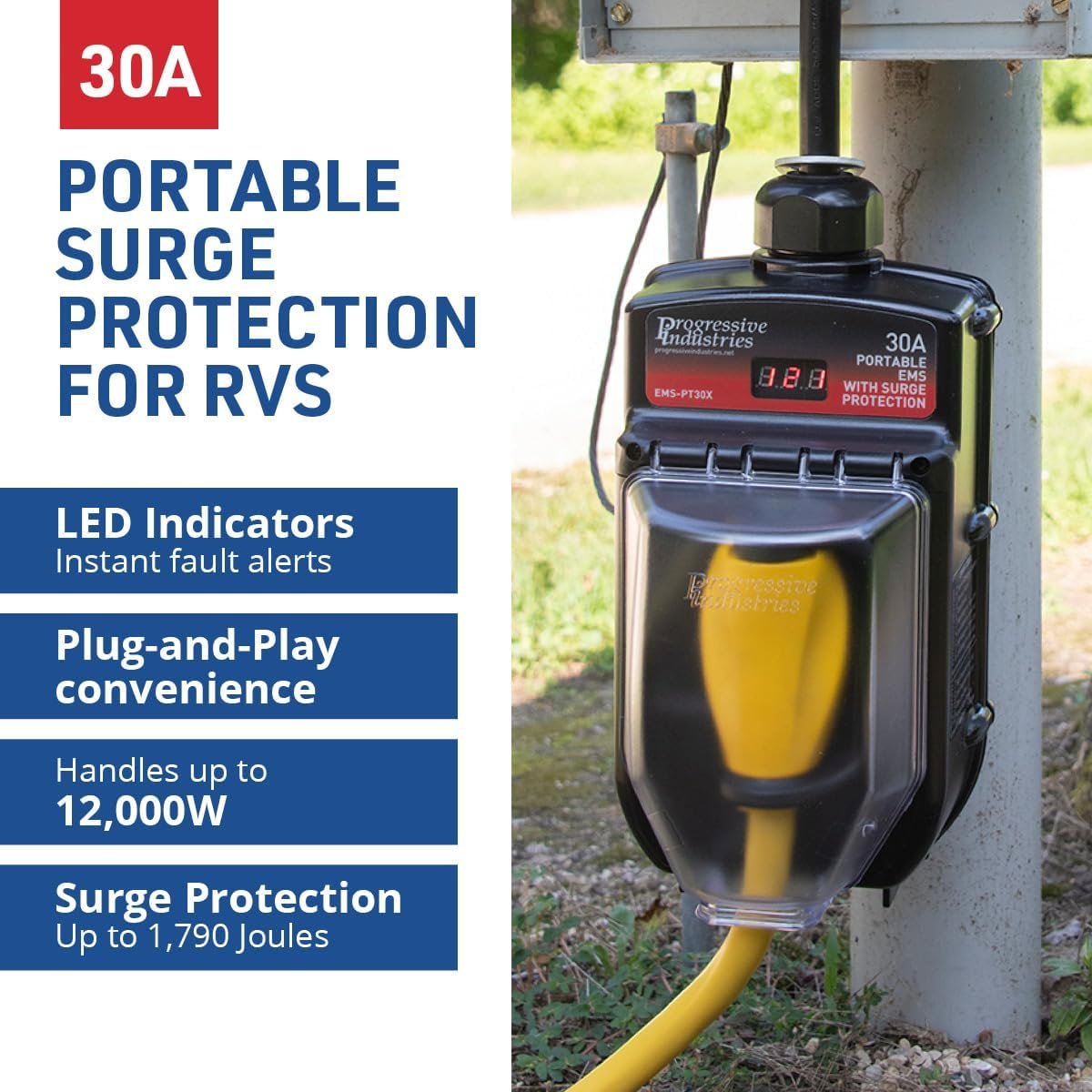 Progressive Industries EMS-PT30X 30 Amp Portable EMS Surge Protector – 1,790 Joule Protection with Digital Display and Weather Shield - Image 2