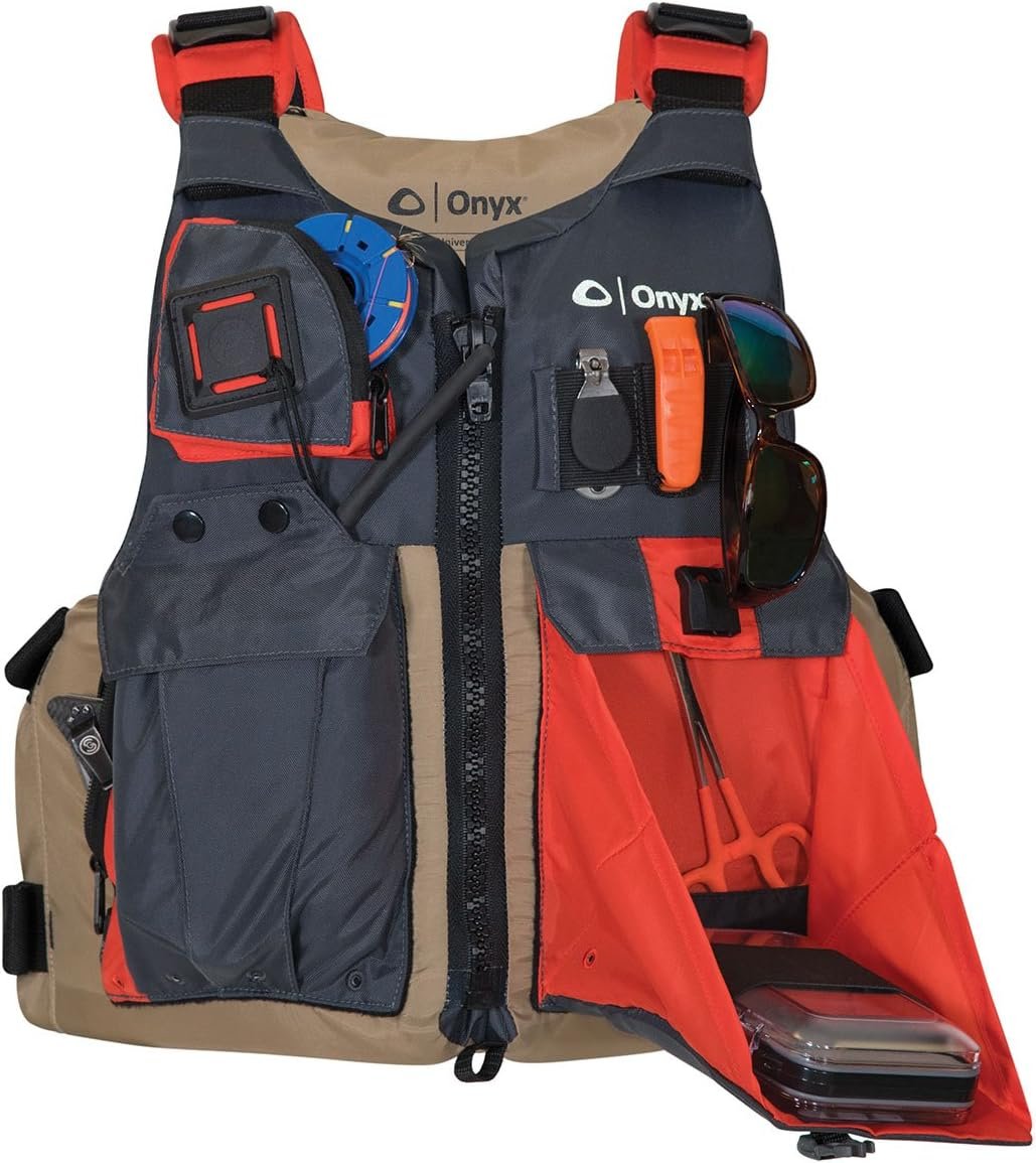 Onyx Kayak Fishing Paddle Vest Adult – Tan Angler PFD with Storage Pockets, Adjustable Fit and High-Back Support - Image 2