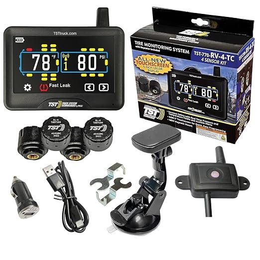 Truck System Technologies TST770RV4T 770 Series RV TPMS – 5in Color Touchscreen Display with 4 Cap Sensors and Signal Repeater