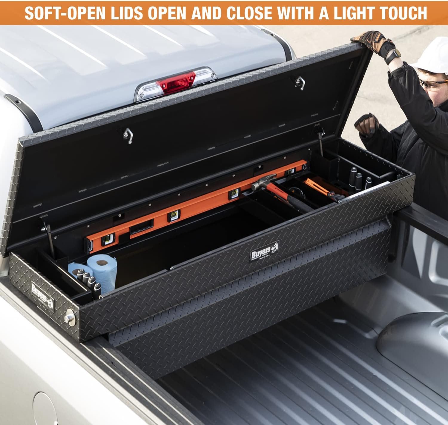 Buyers Products 1739410 Aluminum Crossover Truck Tool Box – 71in x 20in x 18in Matte Black Diamond Tread with Push-Button Locks - Image 8