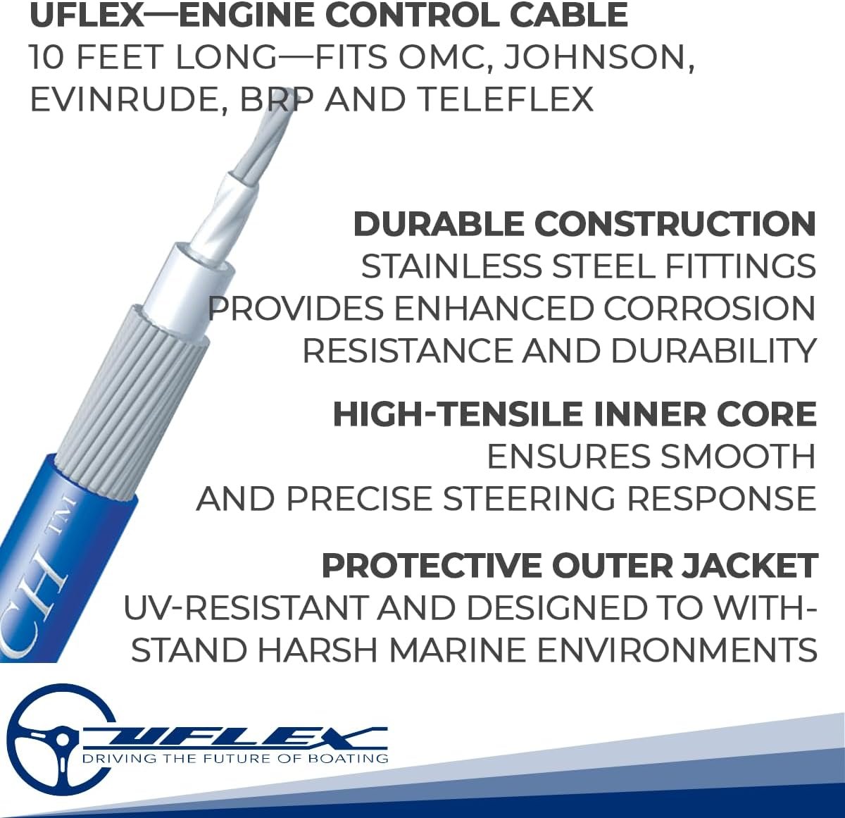 Uflex MACH14X10 Johnson Evinrude OMC Steering Cable – 10ft High-Efficiency Mechanical Steering Cable - Image 2