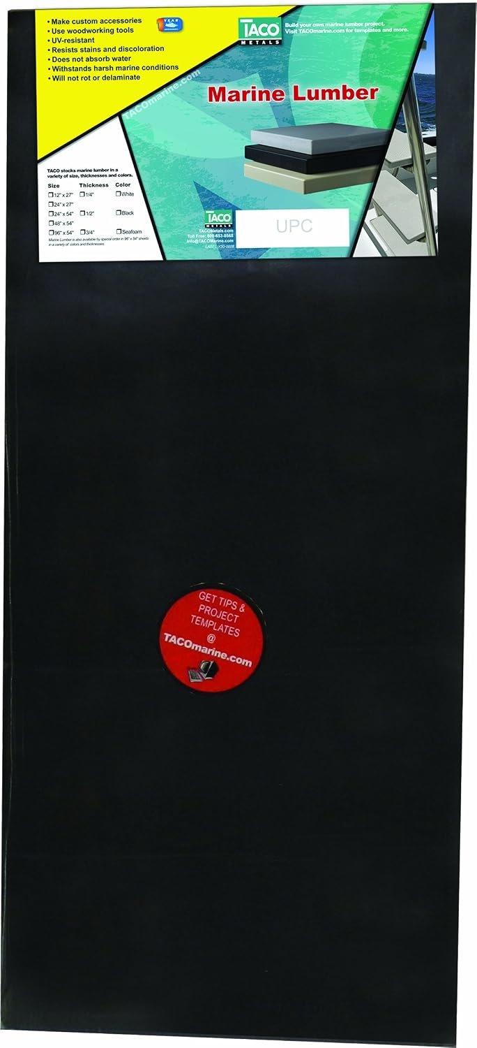 TACO Marine 5024BLK541 Marine Lumber Sheet – 24in x 54in x 1/2in HDPE Starboard Panel in Black UV-Stabilized Finish