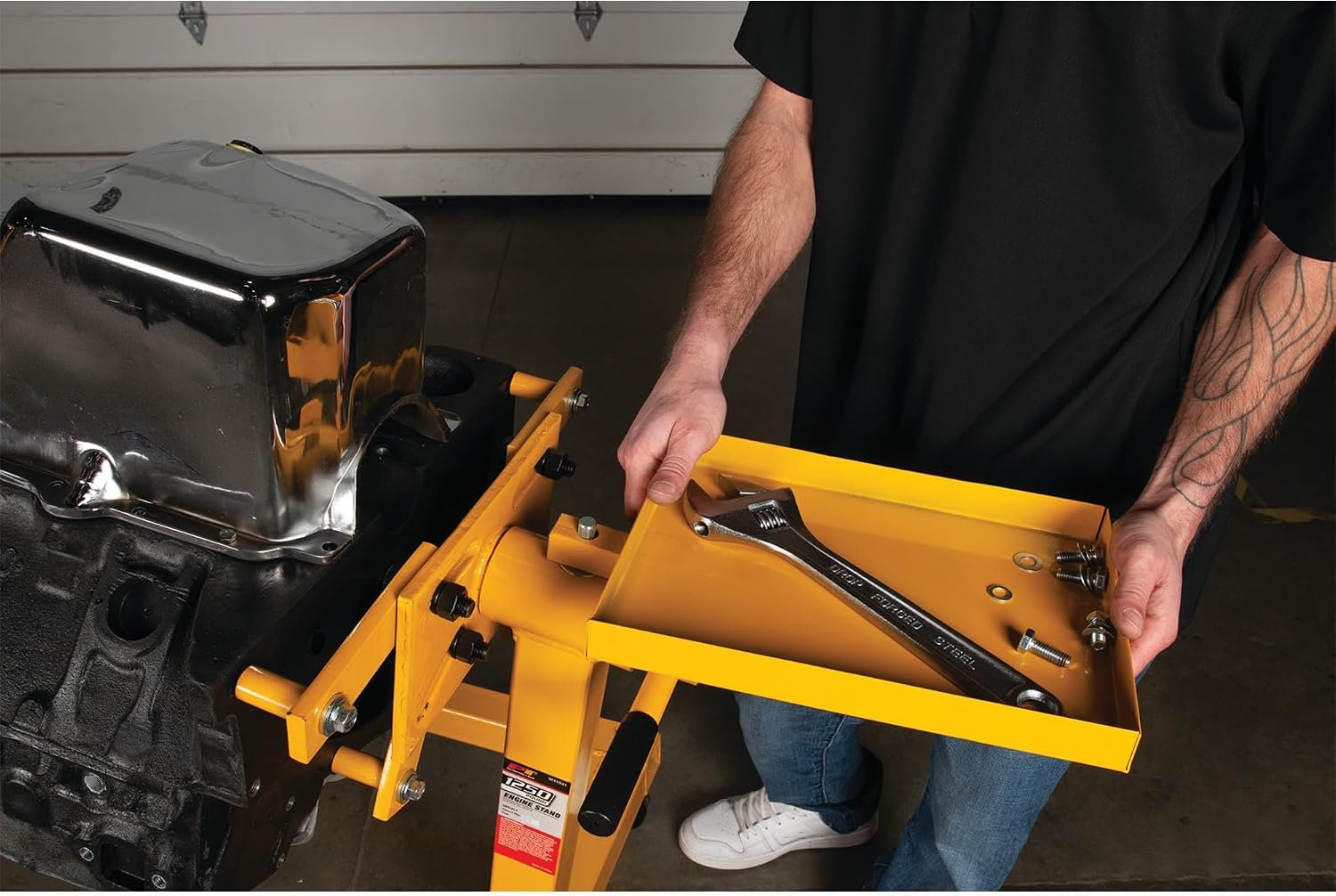 Perform Tool W41031 1250-Lb Engine Stand with Tray – 360° Rotating Head, 6 Locking Positions, 4-Wheel Steel Base - Image 2