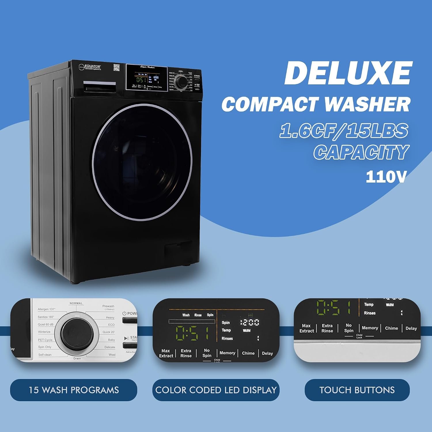 Pinnacle 22826LB Front Load Washer – 15 lb Capacity Black Finish with 1.62 Cu Ft Drum and 1400 RPM Spin Speed - Image 5