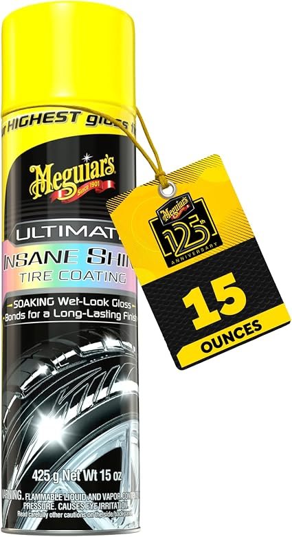 Meguiar’s G190315 Ultimate Insane Shine Tire Coating – 15 oz Aerosol Tire Shine with Wet-Look Gloss & UV Protection