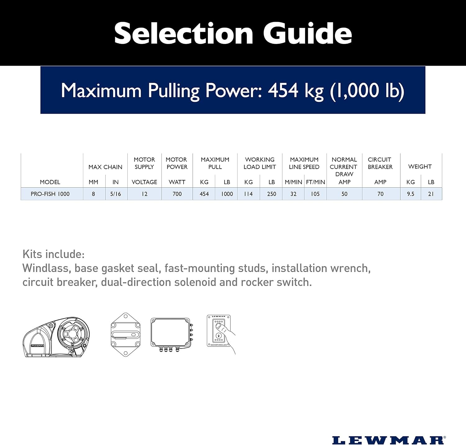 Lewmar Pro-Series 1000H Windlass Kit – Horizontal 1000W Anchor Windlass with 5/16in Gypsy for Recreational Boats - Image 3