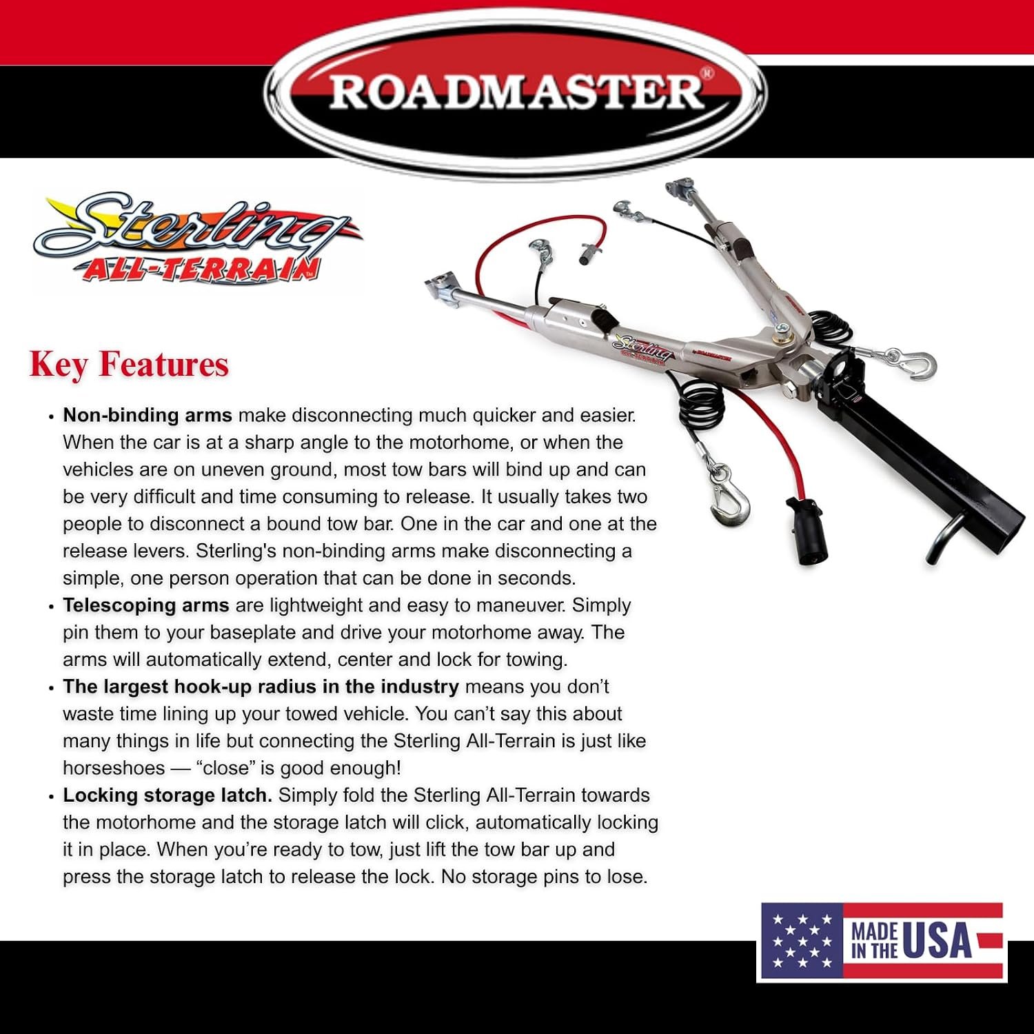 Roadmaster 576 Sterling All-Terrain Tow Bar – 8000 lb Capacity Aluminum RV Tow Bar with Integrated Cables and Freedom Latch - Image 5