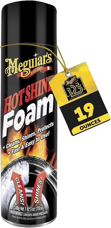 Meguiar’s G13919 Hot Shine Tire Foam – 19 oz Aerosol Tire Cleaner and Gloss Enhancer with Rich Black Finish