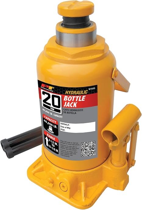 Performance Tool W1633 Hydraulic Bottle Jack – 20 Ton Lifting Capacity with Welded Steel Construction and Adjustable Saddle