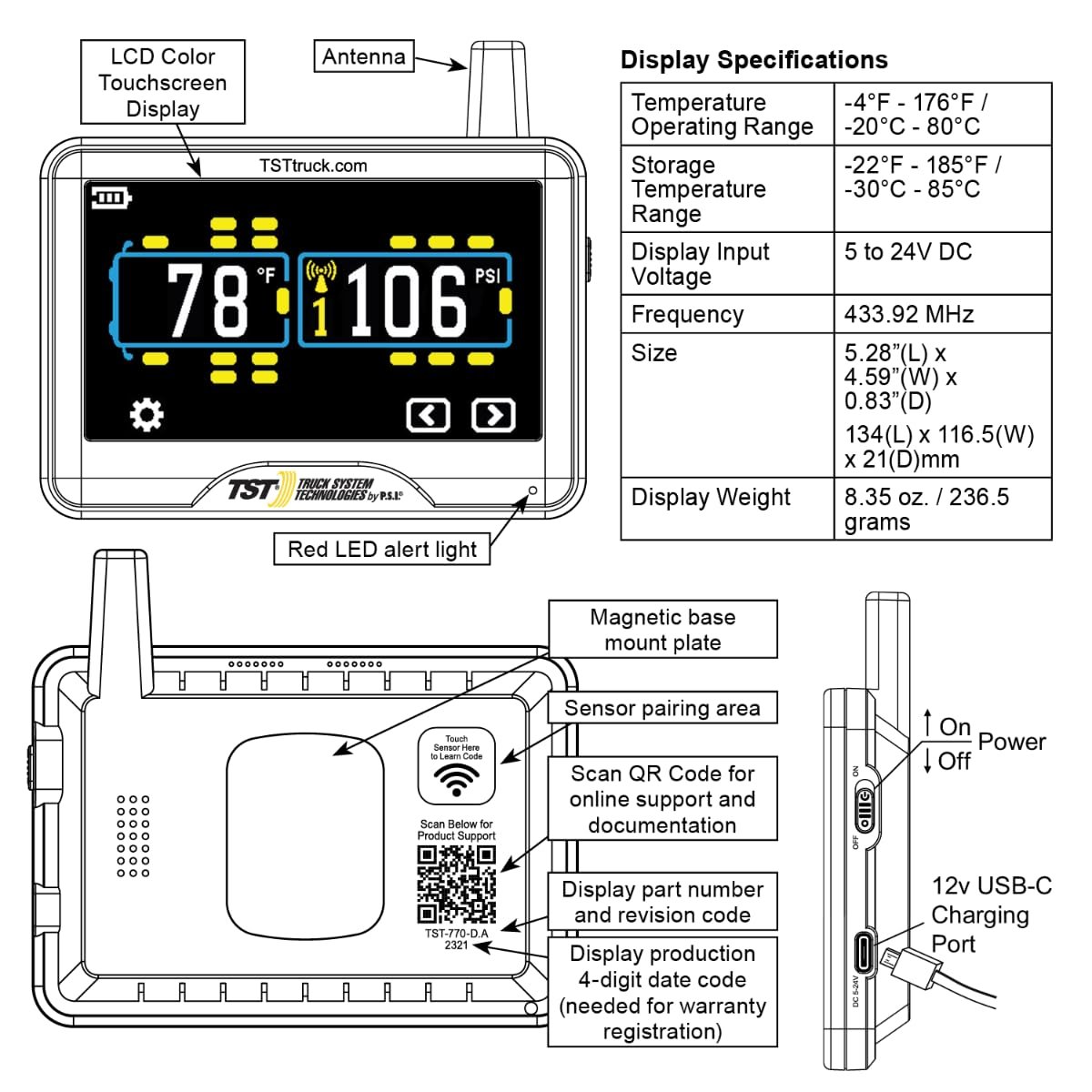 Truck System Technologies TST770RV4T 770 Series RV TPMS – 5in Color Touchscreen Display with 4 Cap Sensors and Signal Repeater - Image 4