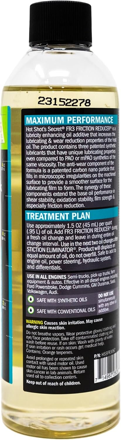 Hot Shot's Secret HSSFR308Z FR3 Friction Reducer Engine Oil Additive – 8 oz Synthetic Formula for Gas and Diesel Engines - Image 3