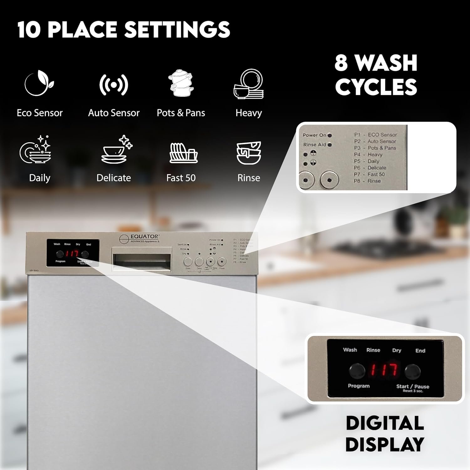 Pinnacle SB1840 18-Inch Built-In Dishwasher – 10 Place Settings, 8 Wash Cycles, Silver Finish, 150°F Sanitize - Image 8