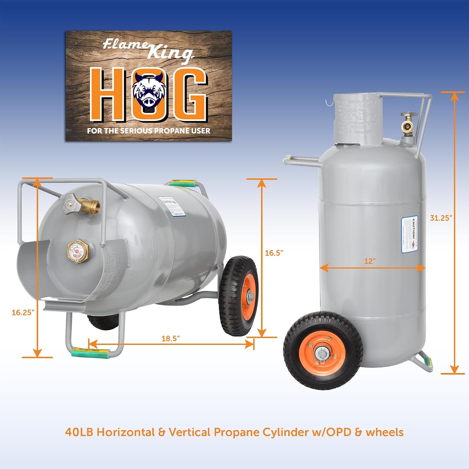 Flame King YSN40HOG 40 lb HOG Propane Cylinder – Horizontal & Vertical Use with Wheels, OPD Valve and Built-In Gauge - Image 3
