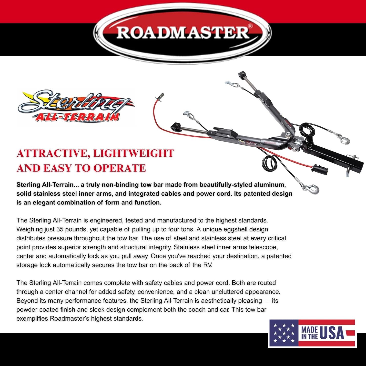 Roadmaster 576 Sterling All-Terrain Tow Bar – 8000 lb Capacity Aluminum RV Tow Bar with Integrated Cables and Freedom Latch - Image 4