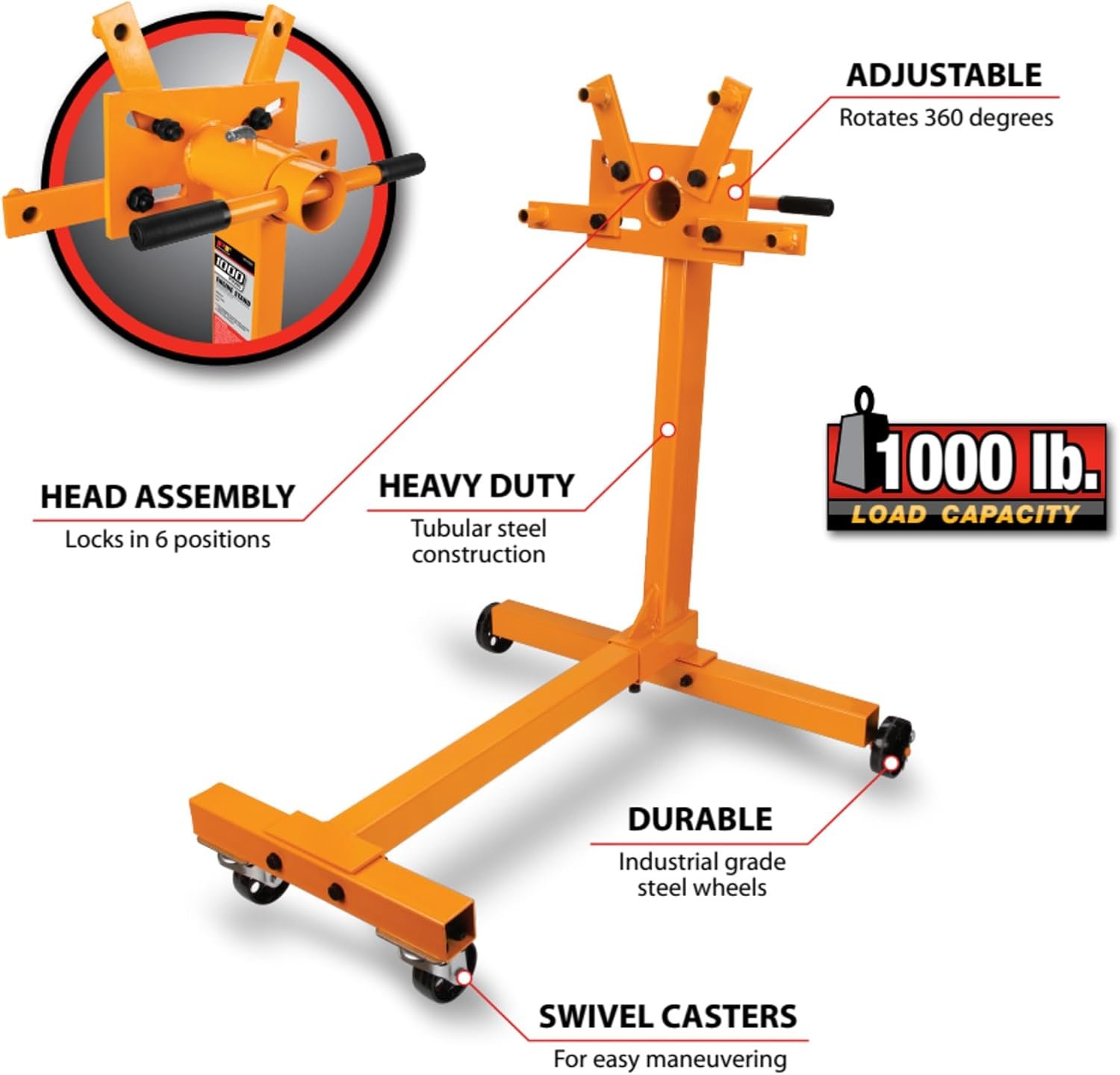 Perform Tool W41025 1000-Lb Engine Stand – 360-Degree Rotating Head with Adjustable Arms and Four Caster Base - Image 2