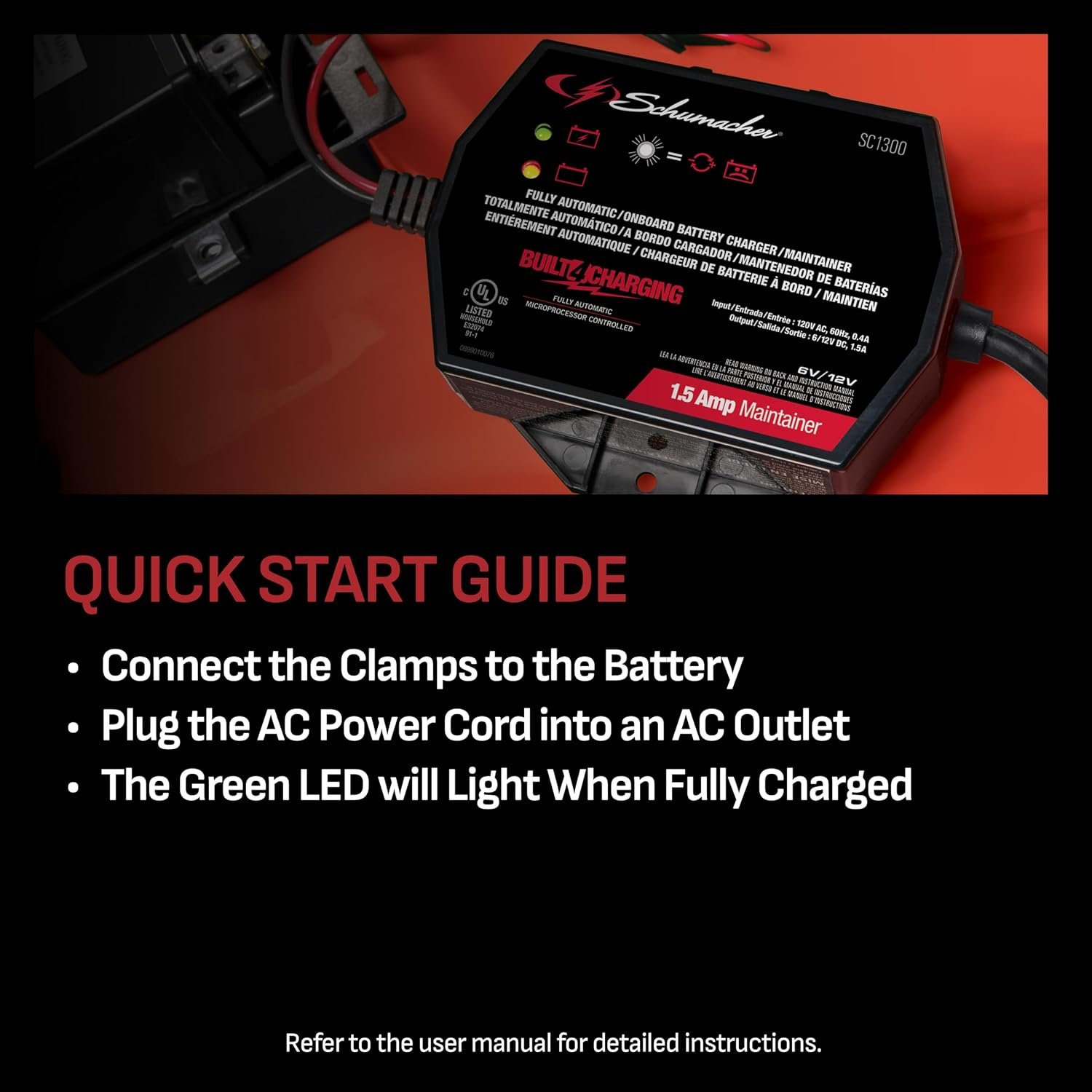 Schumacher SC1300 1.5 Amp Battery Charger and Maintainer – Automatic Charger for Automotive, Marine and Powersports Batteries - Image 3