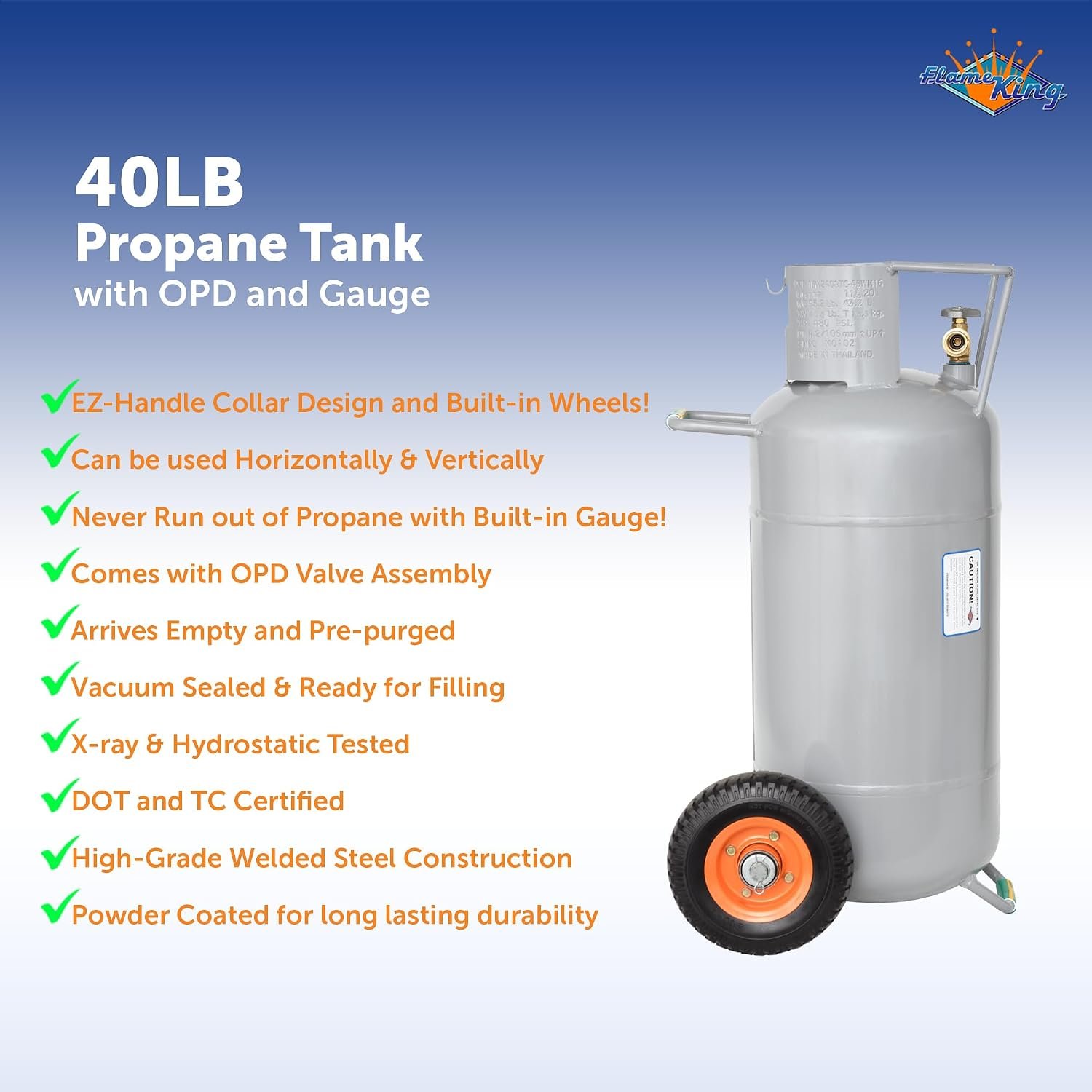Flame King YSN40HOG 40 lb HOG Propane Cylinder – Horizontal & Vertical Use with Wheels, OPD Valve and Built-In Gauge - Image 4