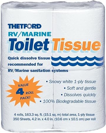 Thetford 20804 1-Ply RV Toilet Tissue – 4 Roll Value Pack Fast-Dissolving Septic-Safe Bathroom Paper