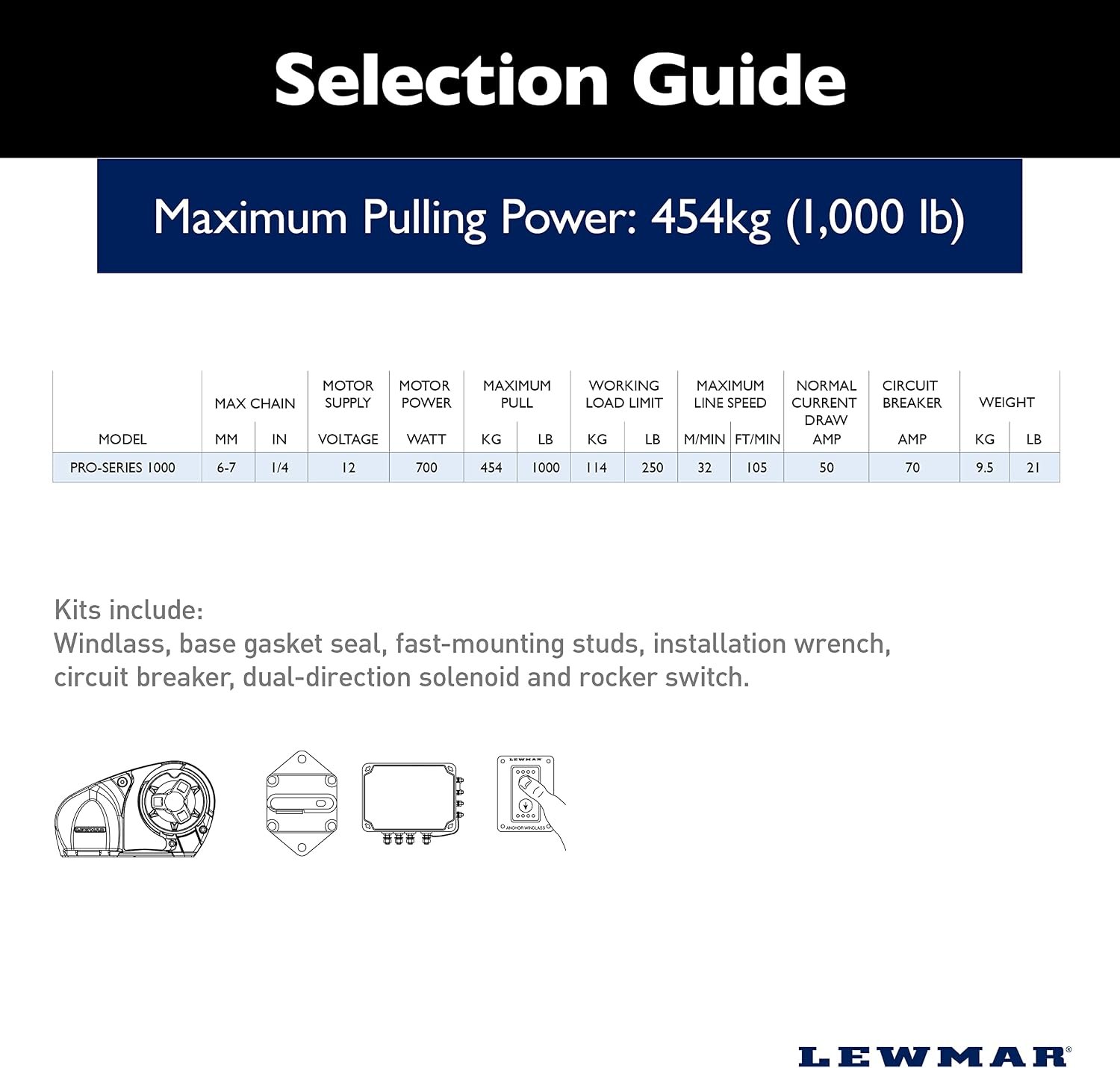 Lewmar Pro-Series 1000 Windlass Kit – Horizontal Anchor Windlass for 6mm, 7mm, and 1/4in Chain Rode Systems - Image 3