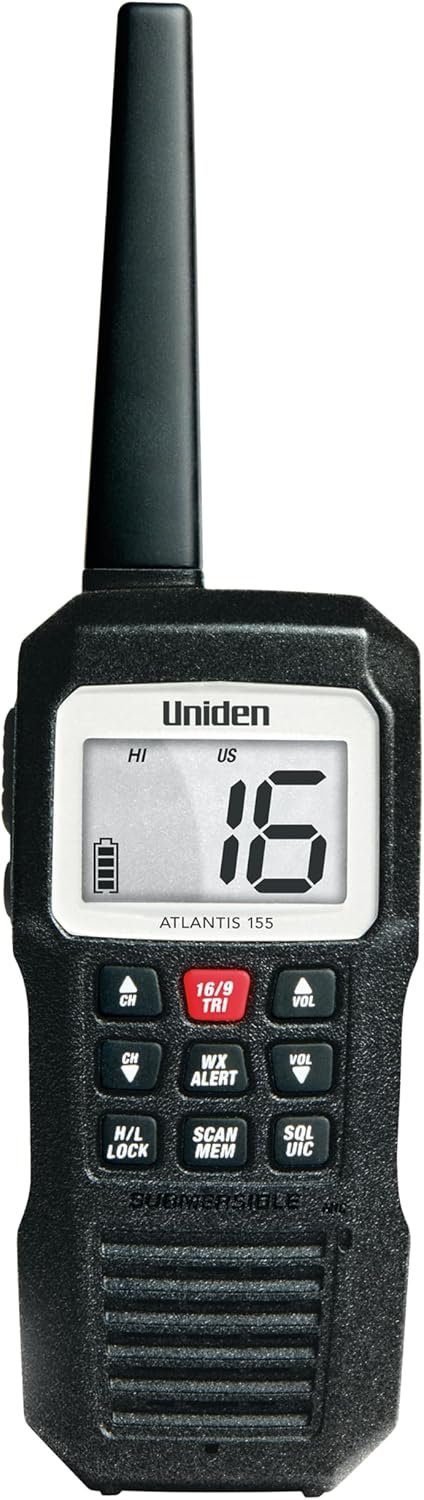 Uniden Atlantis 155 Handheld Marine VHF Radio – 3 Watt Output, Floating Waterproof Design with NOAA Alerts