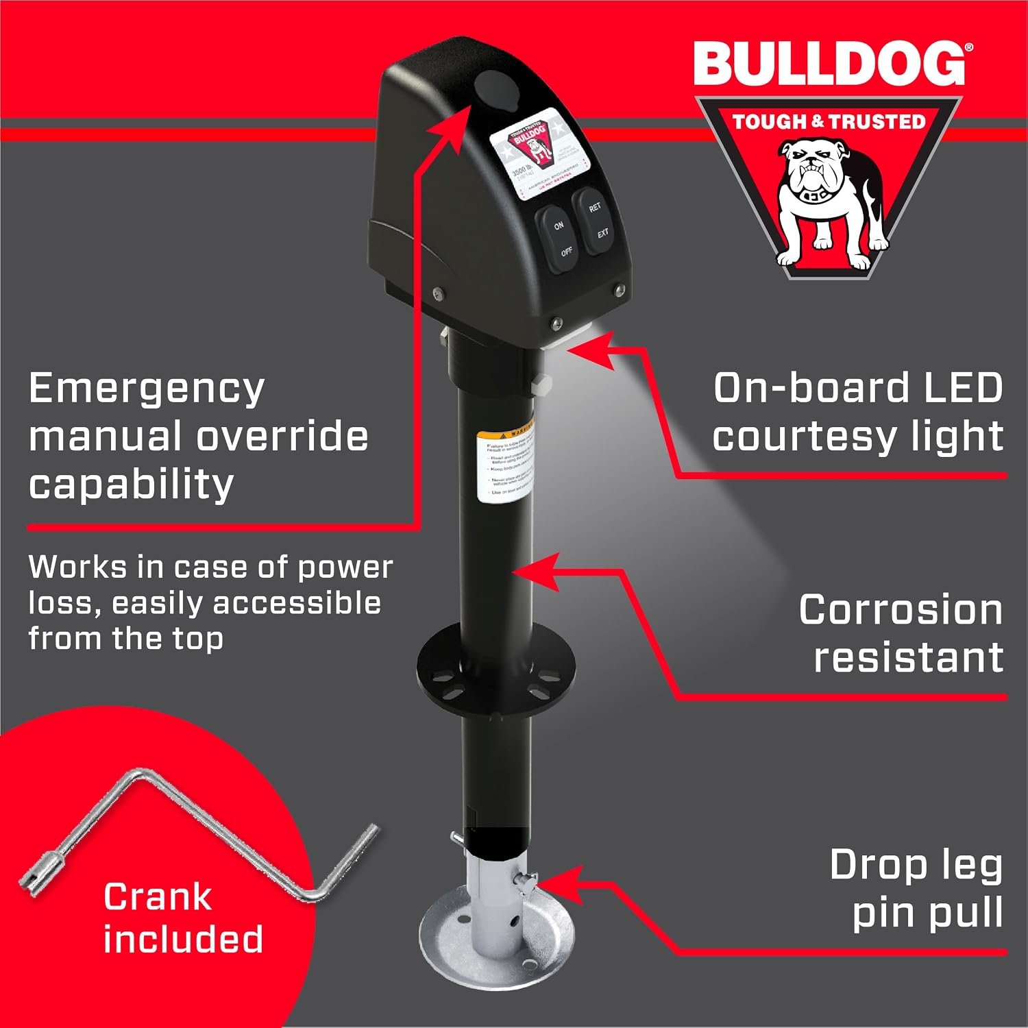 Bulldog 500188 Power Trailer Jack – 3500 lb Electric A-Frame Jack with White Weatherproof Housing - Image 2