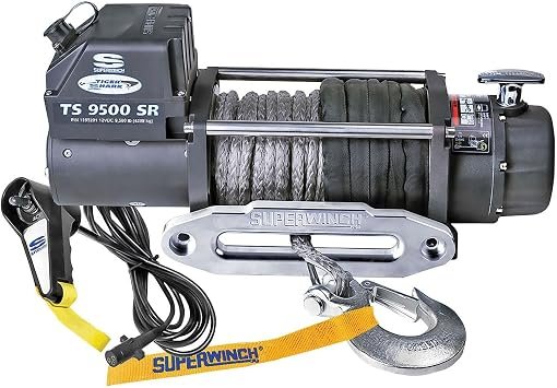Superwinch 1595201 Tiger Shark 9500SR Winch – 9500 lb Capacity, 3/8 in x 80 ft Synthetic Rope, 5.2 HP Motor