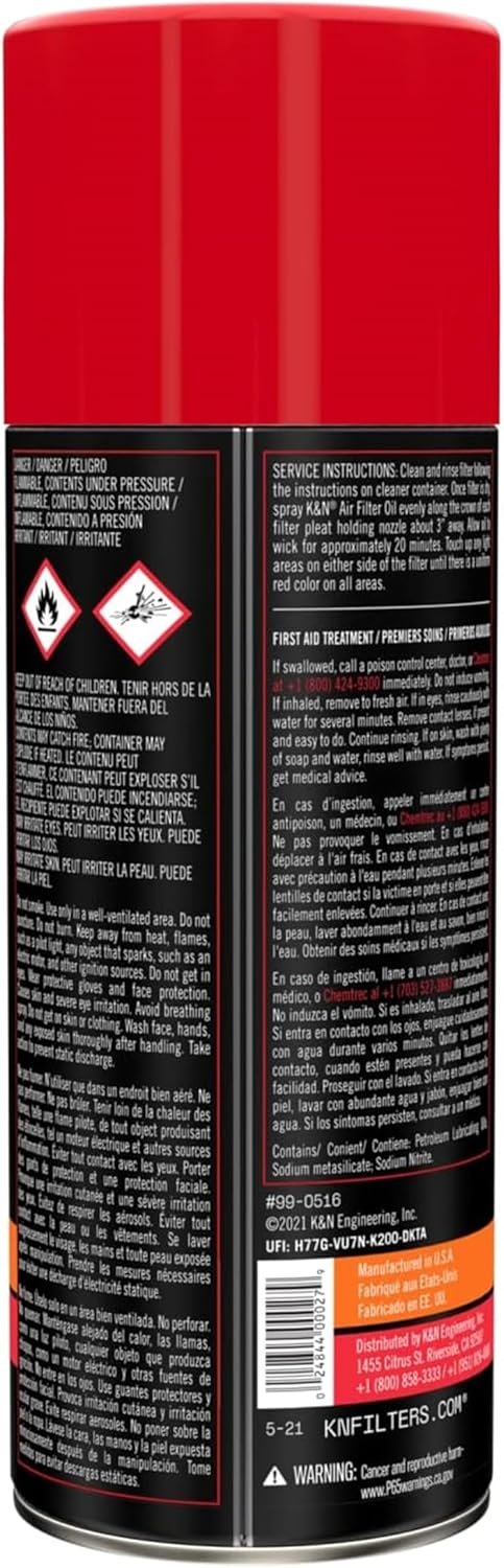K&N 99-0516 Air Filter Oil Aerosol – 12.25 oz Red Filter Oil for Reusable Cotton Gauze Air Filters - Image 2