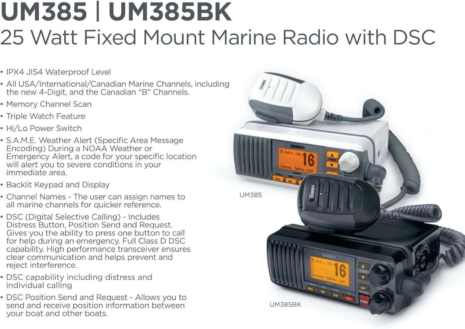 Uniden UM385 Fixed-Mount Marine VHF Radio – White Finish, DSC Calling, 25W Output with NOAA Weather Alerts - Image 5