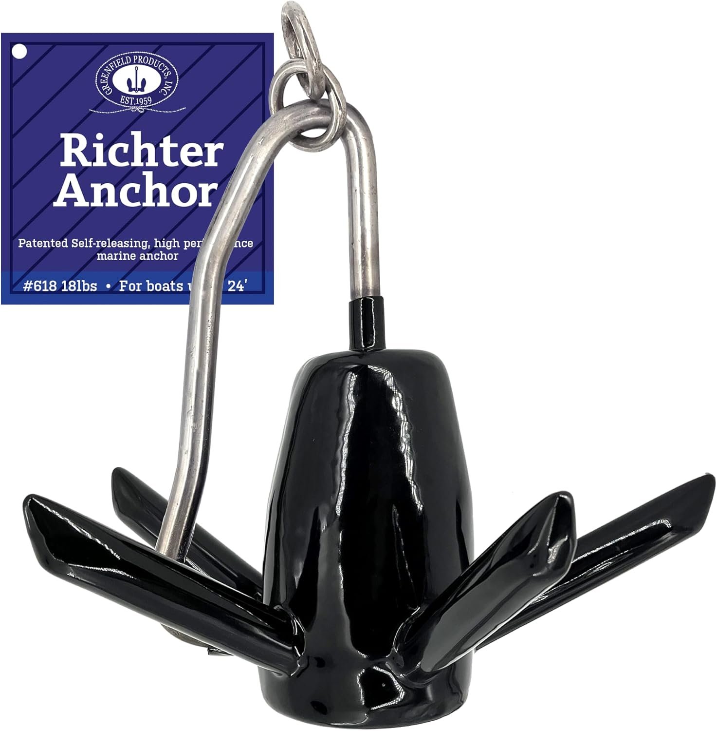 Greenfield 618B Richter Anchor – 18 lb Black PVC-Coated Cast Iron Anchor for Boats up to 24ft with Self-Releasing Design