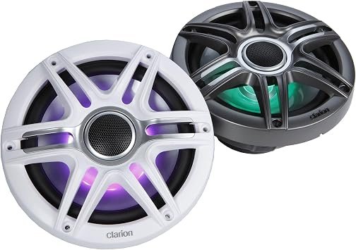 Clarion 92621 7.7-Inch Coaxial Marine Speakers – 100W RMS Power Handling with RGB LED Illumination and IP55 Rating