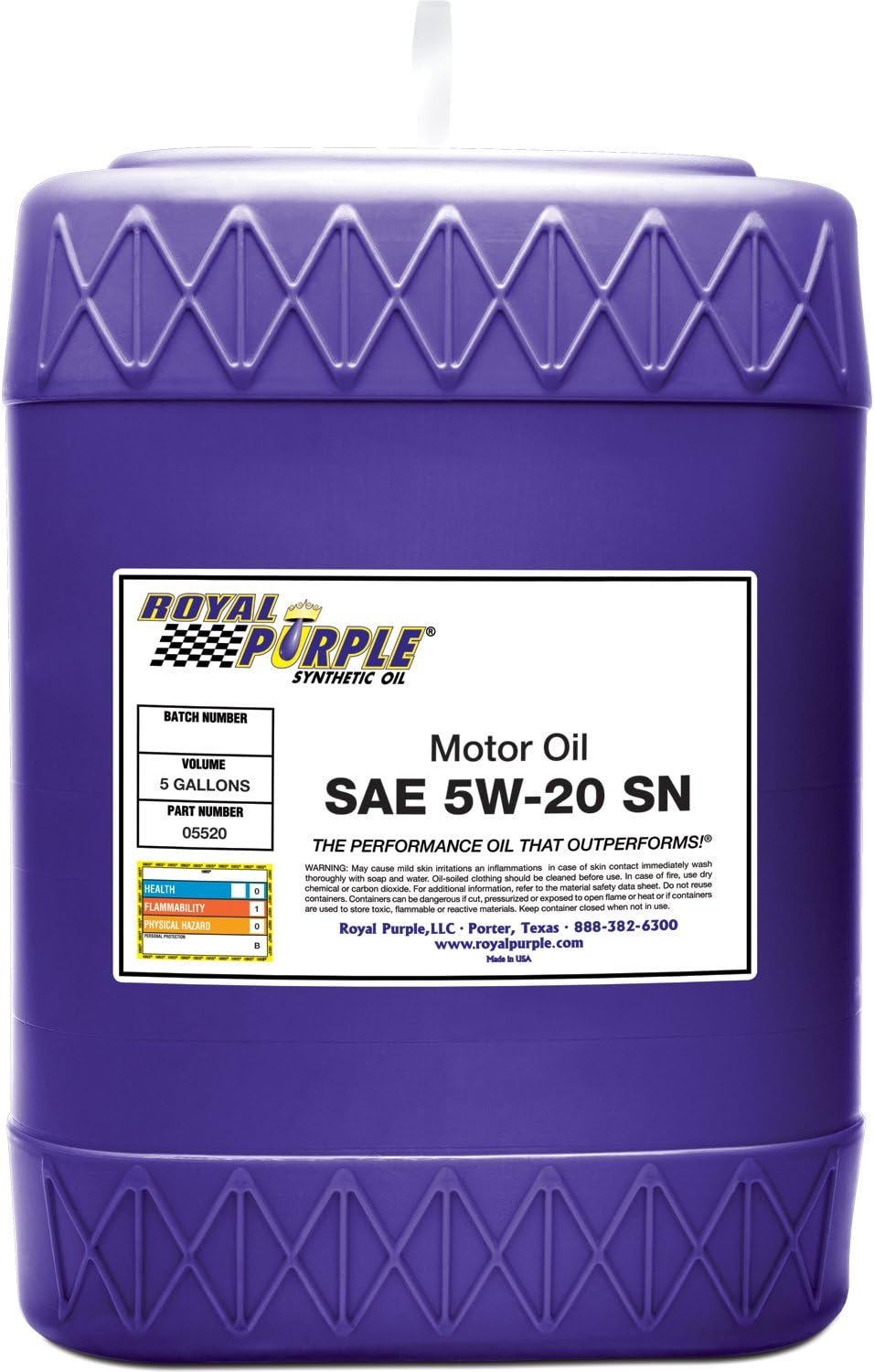 Royal Purple 5520 SAE 5W-20 Synthetic Motor Oil – 5 Gallon Bulk Pail for Fleet Service and Engine Protection