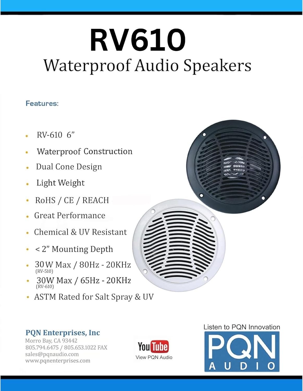 PQN Audio RV6104BK 6 Inch Dual Cone Waterproof RV Speakers – 30W Max, IP65 Rated, 2in Mount Depth, Black Pair - Image 2
