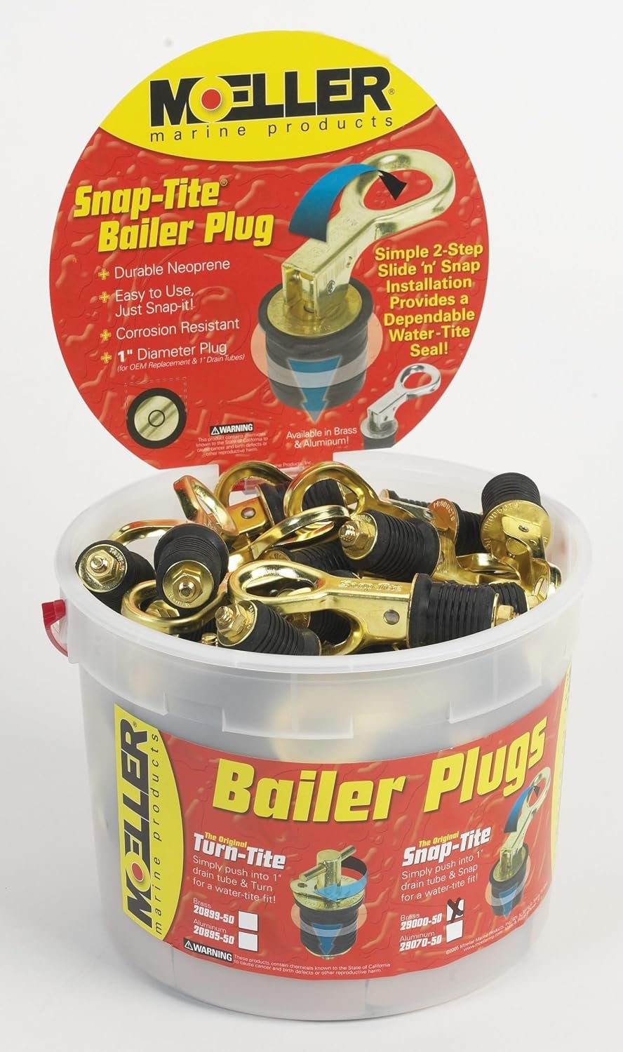 Moeller 29000001 Brass Snap-Tite Bailer Plug Set – 1 in Marine Drain Plug Kit with 50-Pack Bucket Packaging