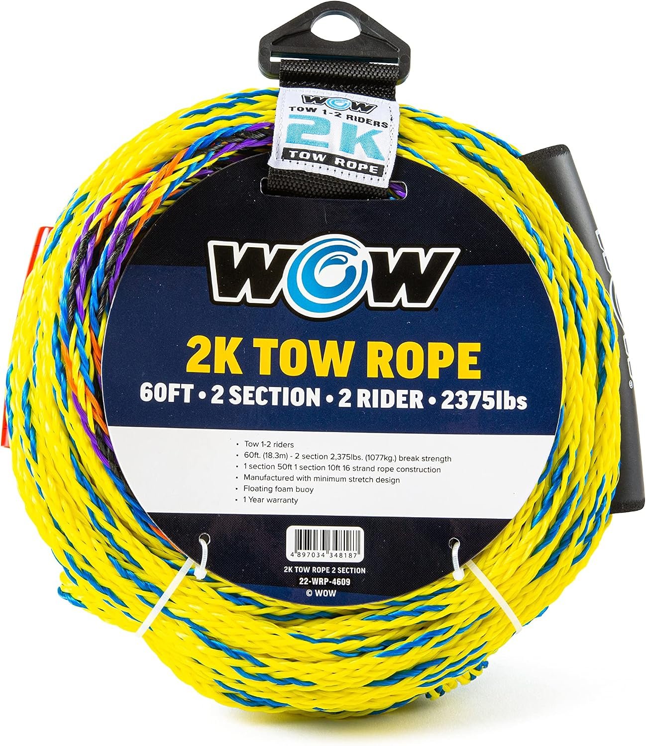 WOW Sports 22-WRP-4609 2K Tow Rope – 2-Section 10ft & 50ft Design – 2 Person Towable Rope Rated 2375 lb