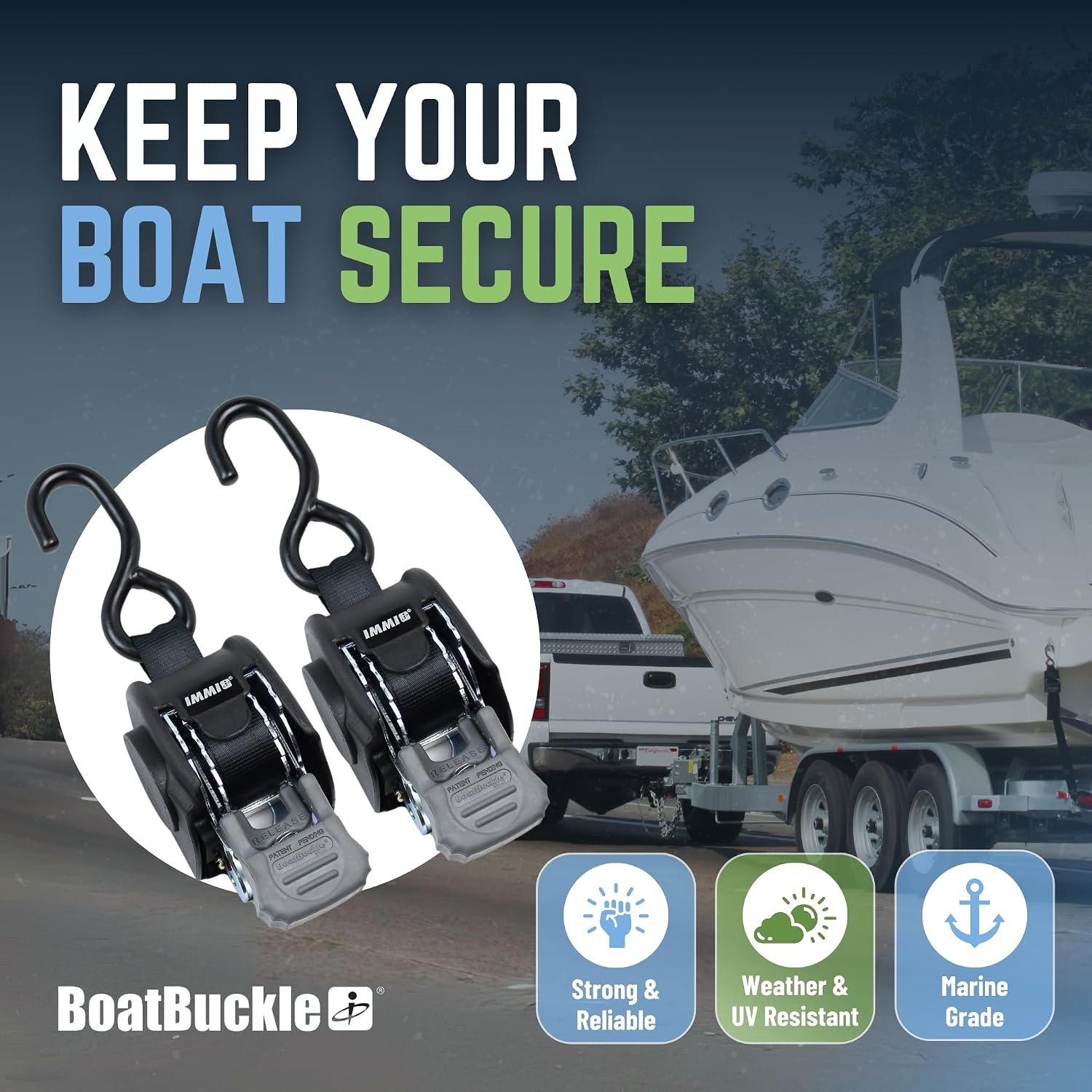 IMMI BoatBuckle F106877 Retractable Transom Tie-Down Pair – 1in Self-Storing Marine Trailer Securement Straps - Image 4