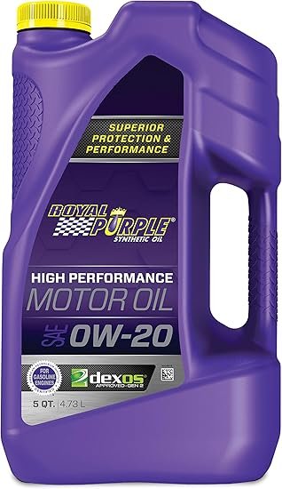 Royal Purple 51020 High Performance Motor Oil – SAE 0W-20 Full Synthetic Engine Oil, 5 Quart Bottle with Synerlec Technology