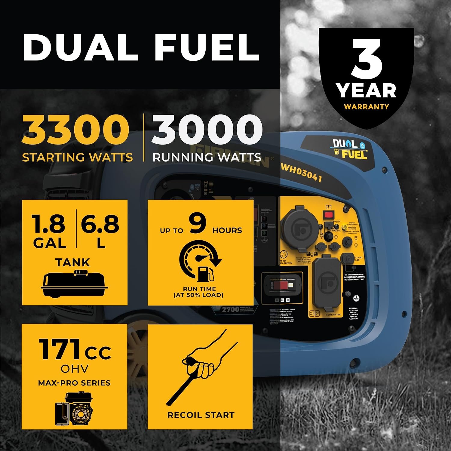Firman WH03041 Dual Fuel Inverter Generator – 3200 Starting Watts with Recoil Start for Gasoline and Propane Use - Image 2