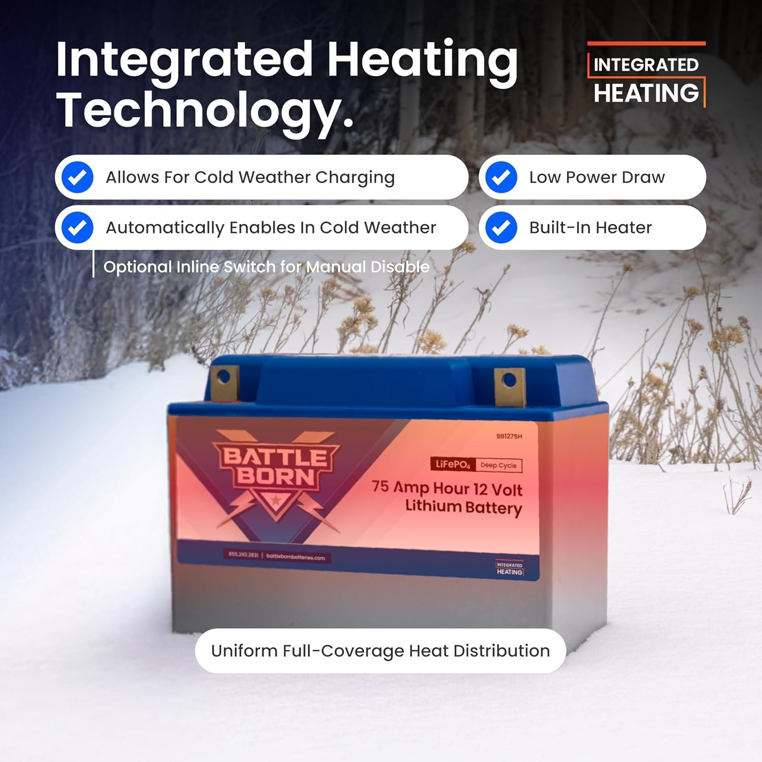 Battle Born BB1275H 75Ah 12V Heated LiFePO4 Battery – Group 24 Case Size, Internal Heat Technology - Image 2