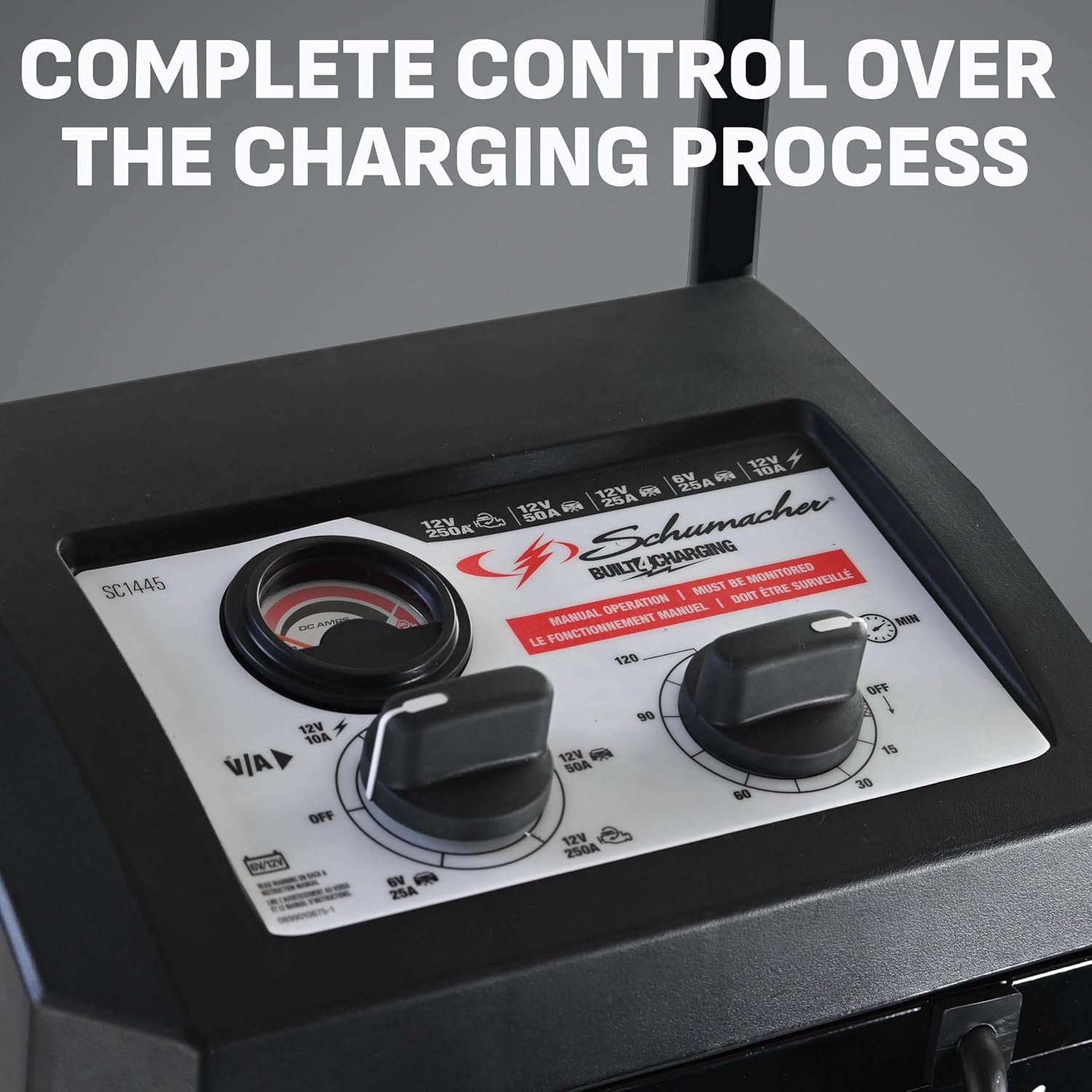 Schumacher SC1445 Manual Wheel Charger – 250/50/25/10 Amp Battery Charger and Engine Starter with Rolling Cabinet Design - Image 3