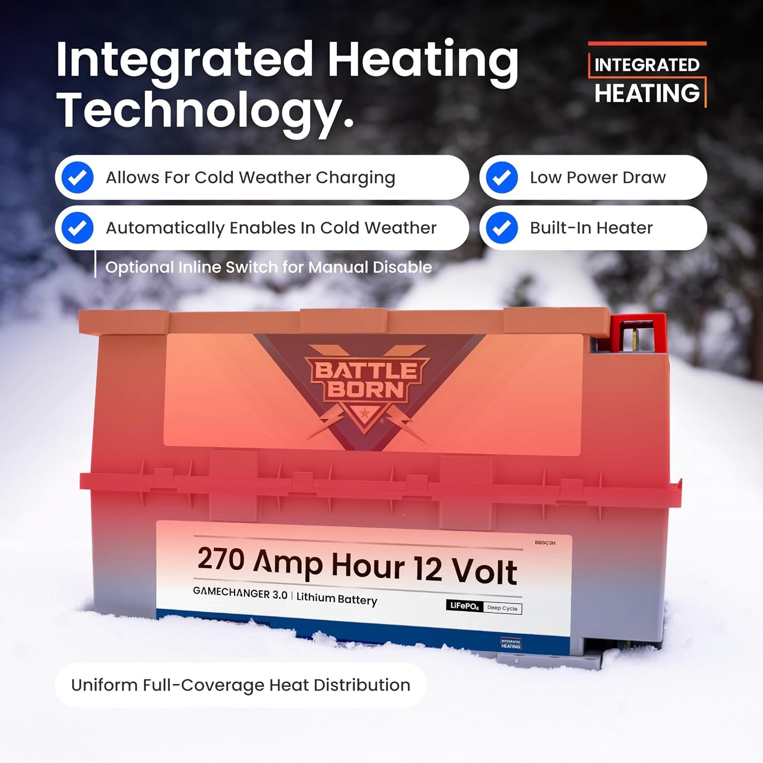 Battle Born BBGC3H 270Ah 12V Heated LiFePO4 Battery – GC3 Form Factor, 3,456Wh Capacity, Internal Heat Technology - Image 2