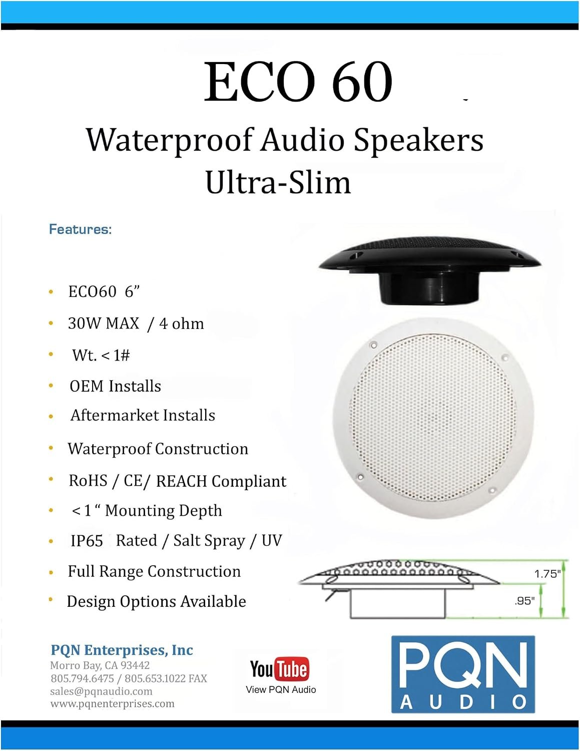 PQN Audio ECO604W 6 Inch Ultra-Slim Waterproof Speakers – 30W Max, 1in Mount Depth, IP65 Rated White Pair - Image 3