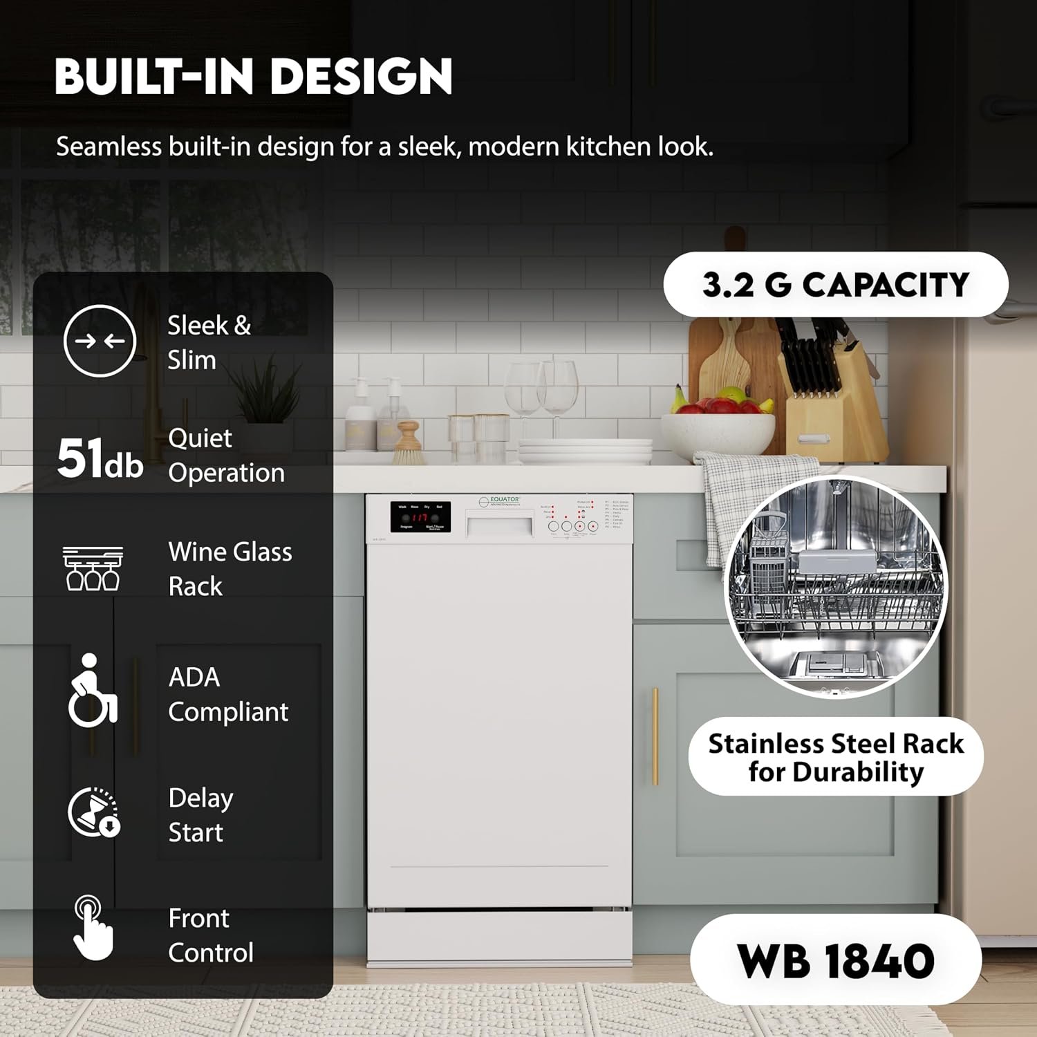 Pinnacle WB1840 18-Inch Built-In Dishwasher – 10 Place Settings, 8 Wash Cycles, White Finish, Sanitize Function - Image 6