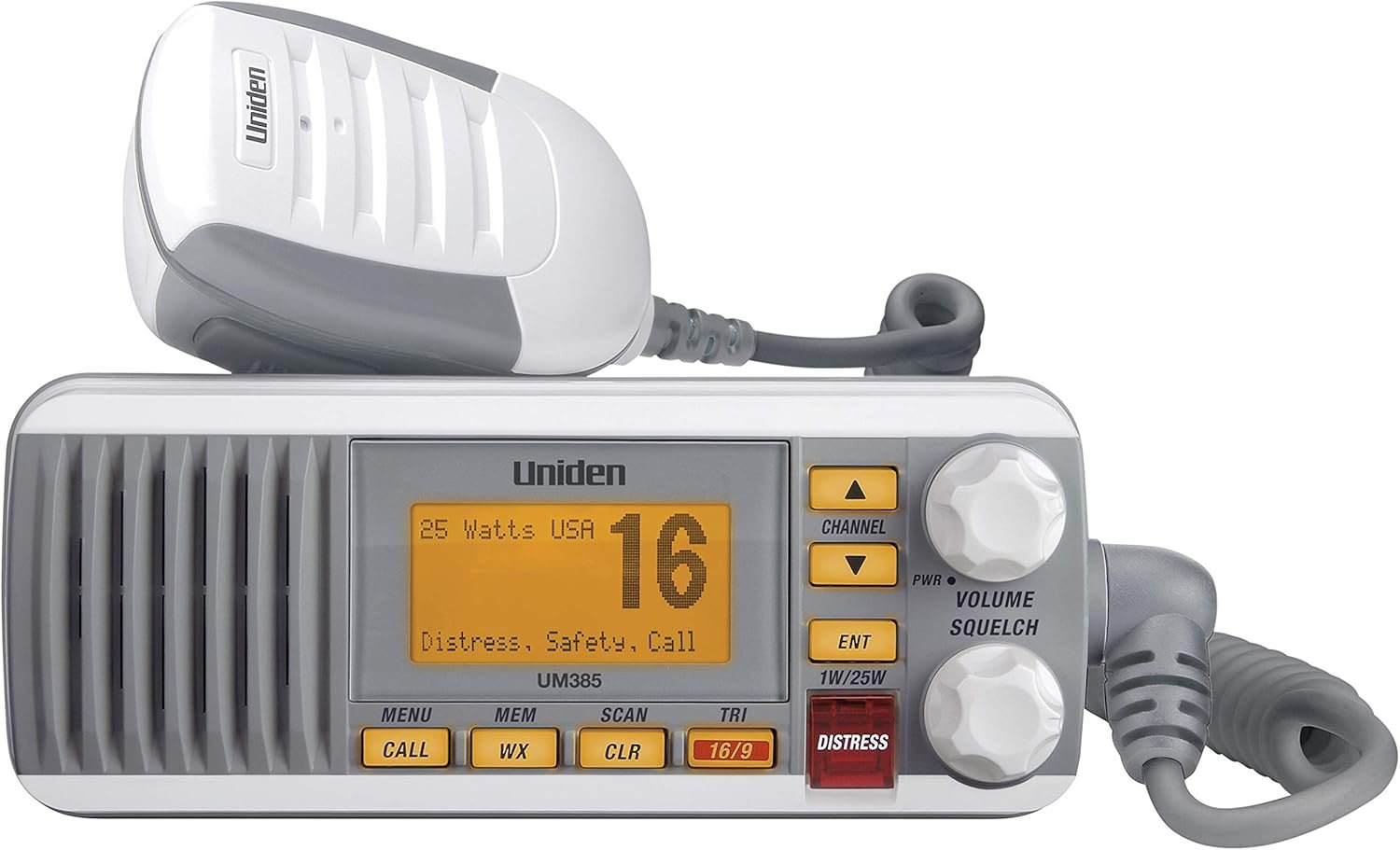 Uniden UM385 Fixed-Mount Marine VHF Radio – White Finish, DSC Calling, 25W Output with NOAA Weather Alerts