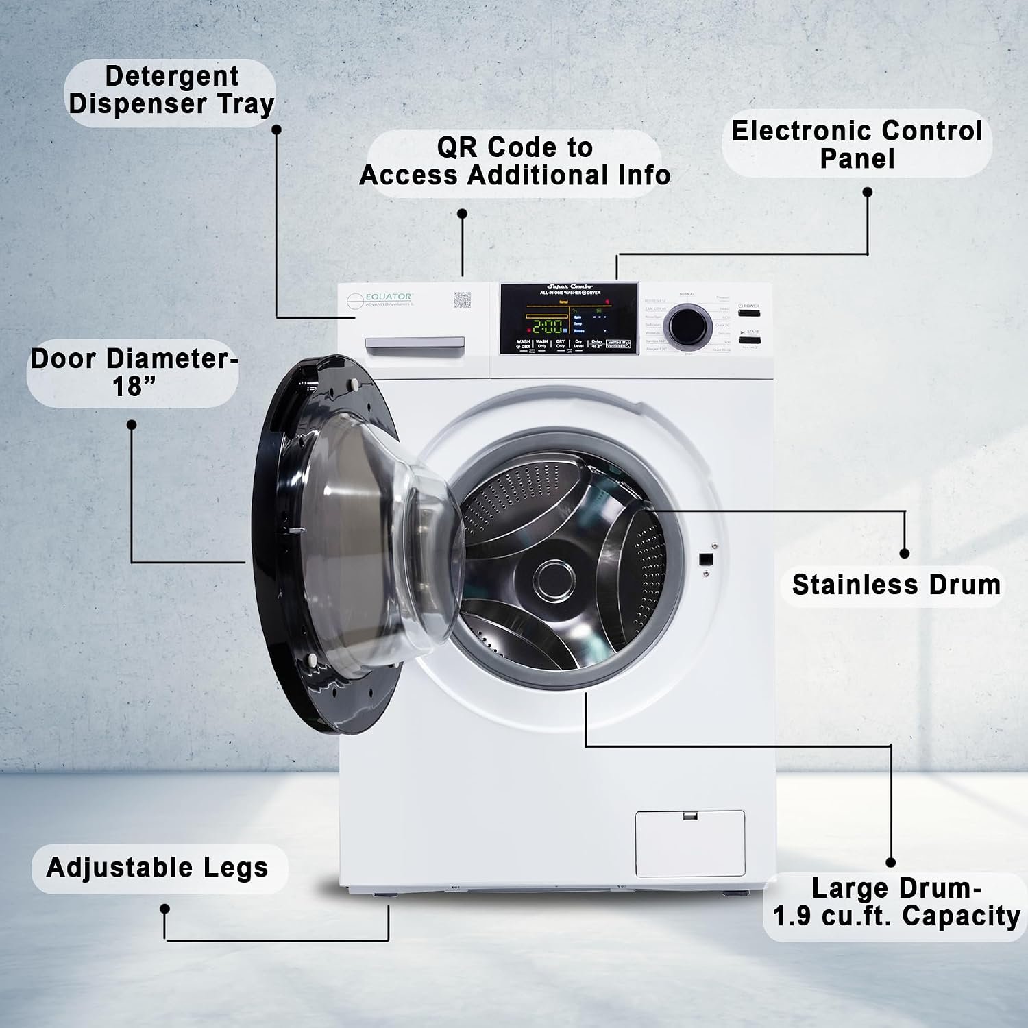 Pinnacle 215500W Super Combo Washer Dryer – 18 lb Wash Capacity, 13 lb Dry Capacity, 1.9 Cu Ft Drum, White Finish - Image 4
